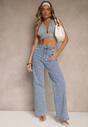 Niebieskie Jeansy High Waist z Szeroką Nogawką i Nadrukiem w Kokardki Folirela