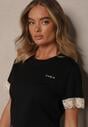 Czarny Bawełniany T-shirt z Koronkowymi Zdobieniami i Cekinami Drane