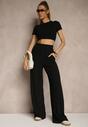 Czarny Komplet z Bawełny T-shirt Typu Crop Top i Spodnie Wide Leg Nelisandra