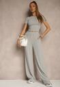 Szary Komplet z Bawełny T-shirt Typu Crop Top i Spodnie Wide Leg Nelisandra
