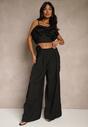 Czarne Spodnie o Szerokim Kroju High Waist z Kwiatem 3D Firalisse