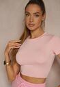 Różowy Dopasowany T-shirt z Wiskozą o Kroju Crop Top Folaviela