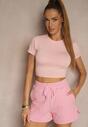 Różowy Dopasowany T-shirt z Wiskozą o Kroju Crop Top Folaviela