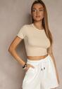 Beżowy Dopasowany T-shirt z Wiskozą o Kroju Crop Top Folaviela