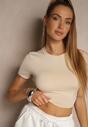 Beżowy Dopasowany T-shirt z Wiskozą o Kroju Crop Top Folaviela