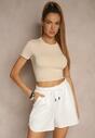 Beżowy Dopasowany T-shirt z Wiskozą o Kroju Crop Top Folaviela