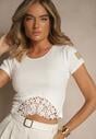 Biały T-shirt z Prążkowanej Tkaniny z Koronką Lisamia