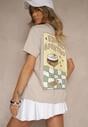 Beżowy T-shirt Oversize z Bawełny Ozdobiony Nadrukiem Filiora