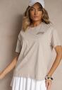 Beżowy T-shirt Oversize z Bawełny Ozdobiony Nadrukiem Filiora