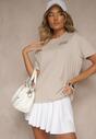 Beżowy T-shirt Oversize z Bawełny Ozdobiony Nadrukiem Filiora