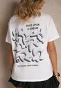 Biało-Niebieski T-shirt z Bawełny Ozdobiony Nadrukiem Adneria