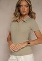 Zielony Prążkowany T-shirt Polo z Bawełny Ozdobiony Guzikami Lilvivia
