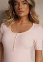 Różowy Bawełniany T-shirt Prążkowany z Guzikami Florvivi