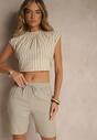 Beżowe Klasyczne Szorty High Waist z Lnem Genalira