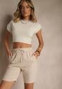 Jasnobeżowe Klasyczne Szorty High Waist z Lnem Genalira