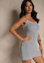 Szara Sukienka Typu Bodycon Ozdobiona Metaliczną Nicią Folinassa