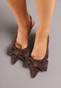 Brązowe Sandały na Szpilce Slingback z Kokardą Sunaiel