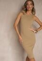 Beżowa Prążkowana Sukienka z Bawełny Typu Bodycon Ralithia