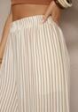 Beżowo-Brązowe Szerokie Spodnie High Waist w Paski z Bawełny Silorea