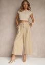 Ciemnobeżowe Spodnie Culottes High Waist z Bawełny Zdobione Guzikami Izuma