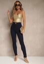 Granatowe Legginsy High Waist z Wiskozą z Cyrkoniowym Guzikiem Naliselle