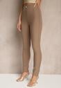 Ciemnobeżowe Legginsy High Waist z Wiskozą z Cyrkoniowym Guzikiem Naliselle