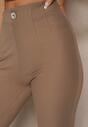 Ciemnobeżowe Legginsy High Waist z Wiskozą z Cyrkoniowym Guzikiem Naliselle