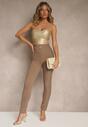 Ciemnobeżowe Legginsy High Waist z Wiskozą z Cyrkoniowym Guzikiem Naliselle