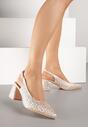 Beżowe Sandały na Słupku Slingback Ozdobione Cyrkoniami Melanetta