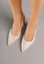 Beżowe Sandały na Słupku Slingback Ozdobione Cyrkoniami Melanetta