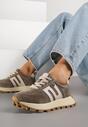 Ciemnobeżowe Sneakersy ze Skóry Naturalnej Ozdobione Geometrycznym Wzorem Melassea