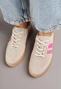 Beżowo-Fuksjowe Sneakersy Tenisówki z Wkładką ze Skóry Naturalnej Ozdobione Tłoczeniem Meluella