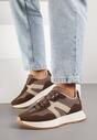 Brązowe Sneakersy na Płaskiej Podeszwie z Geometryczną Wstawką w Panterkę Sewla