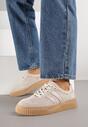 Beżowe Zamszowe Sneakersy Tenisówki z Wkładką ze Skóry Naturalnej Ozdobione Tłoczeniem Meluella