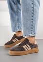 Ciemnobrązowe Skórzane Sneakersy w Stylu Tenisówek z Geometrycznym Wzorem Halossea