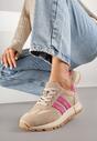 Beżowo-Fuksjowe Sneakersy ze Skóry Naturalnej z Paskami Kiarre