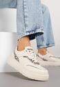 Beżowe Sneakersy na Platformie ze Skóry Naturalnej Ozdobione Metalicznymi Elementami Haliorea
