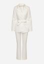 Biały Komplet o Garniturowym Kroju z Marynarką z Wiązaniem i Spodniami Falestra