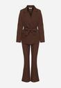 Brązowy Komplet o Garniturowym Kroju z Marynarką z Wiązaniem i Spodniami Falestra