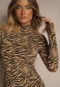 Brązowa Bluzka z Bawełny Typu Longsleeve z Golfem w Zebrę Cralissa