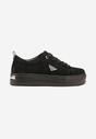 Czarne Sneakersy na Platformie z Zamszu Naturalnego Ozdobione Aplikacją Beliale