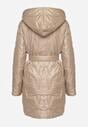 Ciemnobeżowa Pikowana Kurtka z Kapturem i Wiązanym Paskiem Elladie