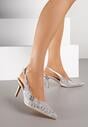Srebrne Sandały na Szpilce Slingback z Ażurową Cholewką Latilena
