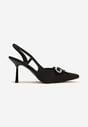 Czarne Szpilki Slingback z Satyny Zdobione Biżuteryjną Kokardą Tulorella