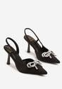 Czarne Szpilki Slingback z Satyny Zdobione Biżuteryjną Kokardą Tulorella
