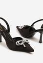 Czarne Szpilki Slingback z Satyny Zdobione Biżuteryjną Kokardą Tulorella