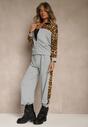 Szary Komplet Dresowy z Panterkowymi Wstawkami Bluza i Spodnie Wide Leg Redrie