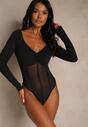 Czarne Body Vices o Fasonie Longsleeve z Dekoltem w Kształcie V Asstre