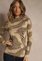 Beżowo-Czarna Bluzka Longsleeve z Bawełny z Półgolfem i Panterkowym Printem Unalla