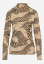 Beżowo-Czarna Bluzka Longsleeve z Bawełny z Półgolfem i Panterkowym Printem Unalla